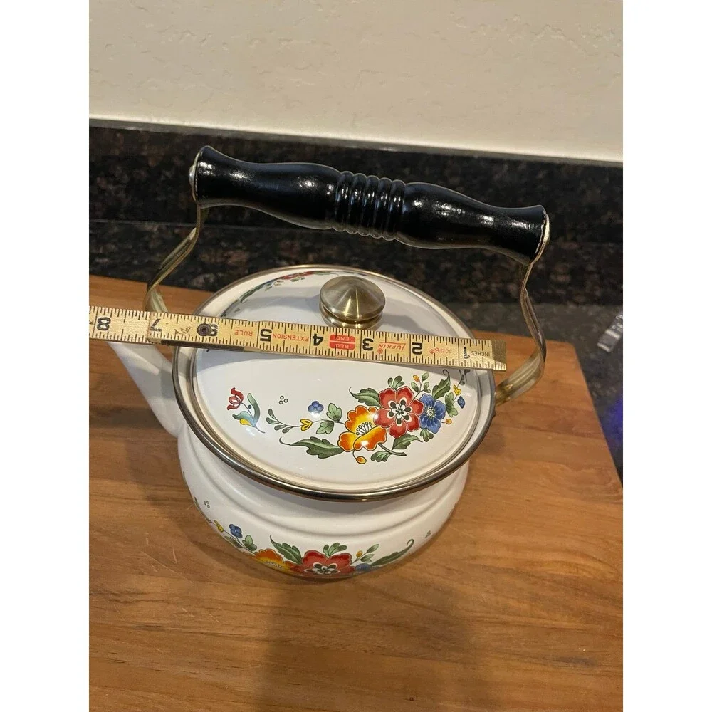 Vintage Asta Cookware Enamelware teapot with wood handle